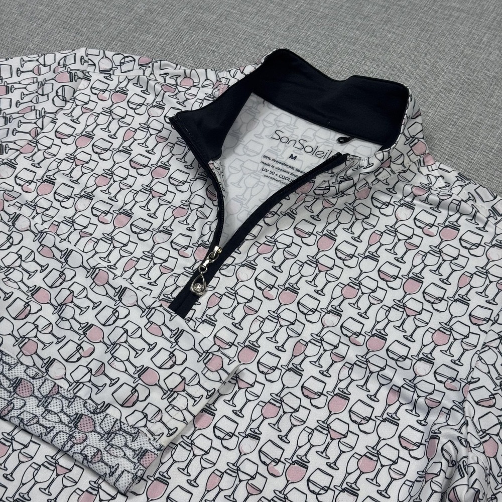 SanSoleil Win Bottles Pattern 1/4 Zip Pullover Womens M White Long Sleeve